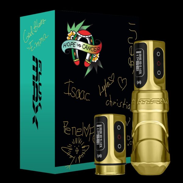 MÁY XĂM FK IRONS - FLUX MAX TATTOO MACHINE WITH 2 POWERBOLT HOPE VERSUS CANCER GOLD